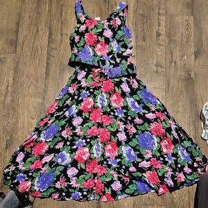 VINTAGE Floral Midi Dress Sleeveless S.roberts Size 9/10 Women Flare 80s Summer